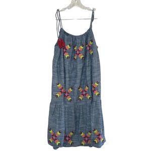Rocks & Indigo Women Large Blue Chambray Embroidered Tiered Sun Dress Tassels